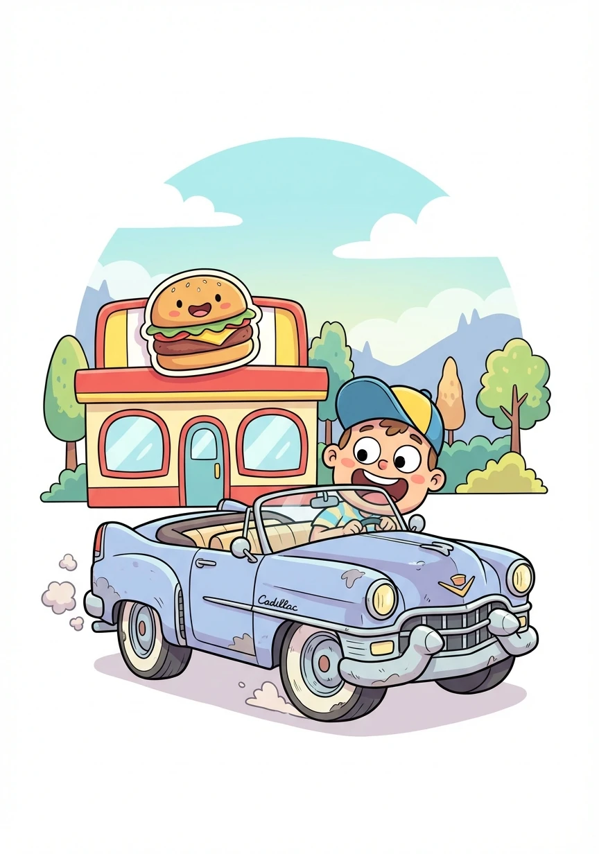 De humpet bort til den lokale burger sjappa i Cadillacen. Bilen så litt sliten ut etter gårsdagens eskapader.