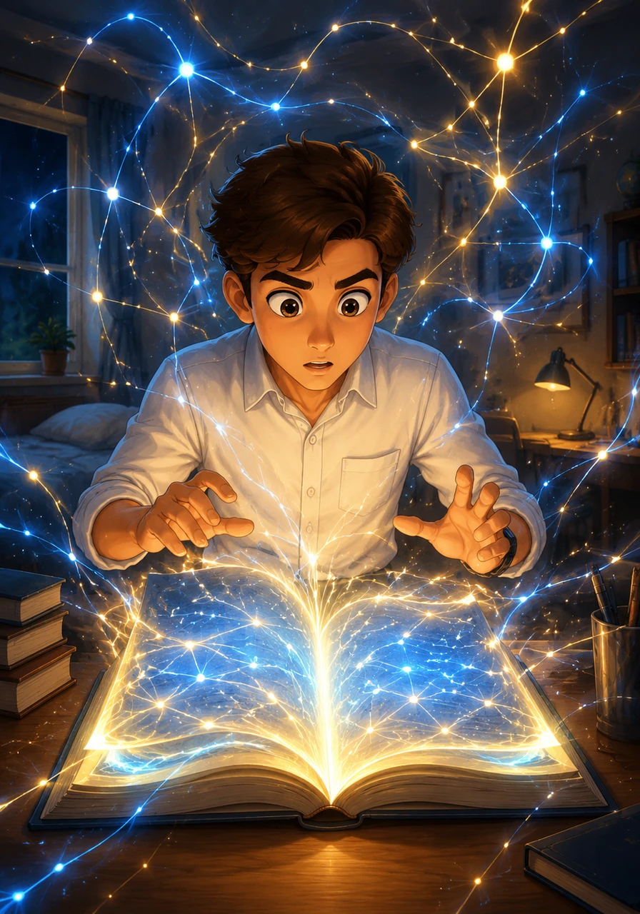 Alikhan stares at his thick high school math textbook, feeling overwhelmed by rows of isolated equations that look like ancient runes. Suddenly, the pages begin to glow, shifting from rigid black text into vibrant, interconnecting blue and gold energy lines that map out the room around him.