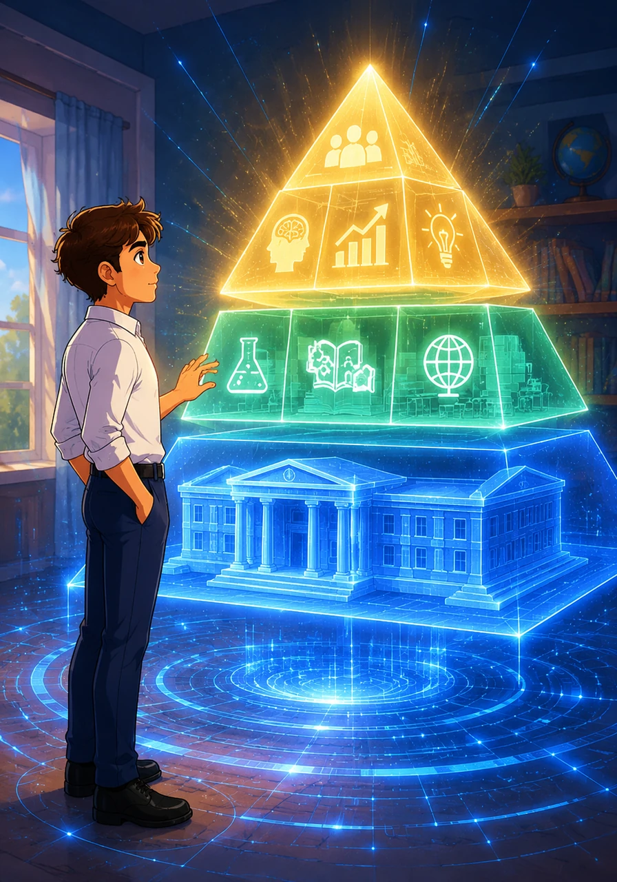 A grand, luminous blueprint of the state educational standard materializes before Alikhan, revealing a three-tier pyramid built of competence and skill rather than mere memorization. The foundation pulses with national educational laws, rising up through specialized curriculum structures that promise to unlock his analytical potential.