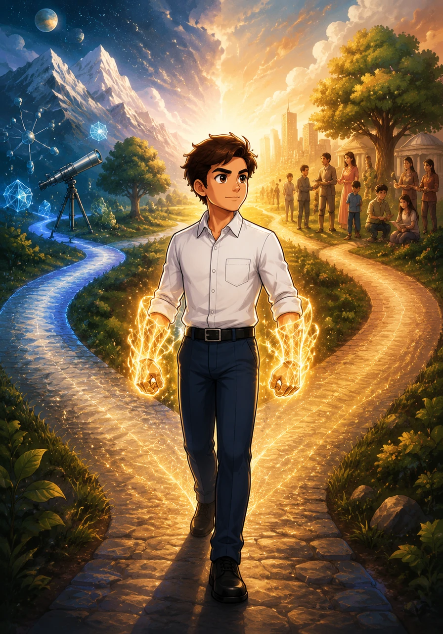 Alikhan steps onto a fork in a shimmering path, where the road splits into the natural-mathematical profile and the socio-humanitarian direction. He chooses the mathematical route, watching as a solid core of foundational knowledge wraps around his hands like a protective, guiding armor.