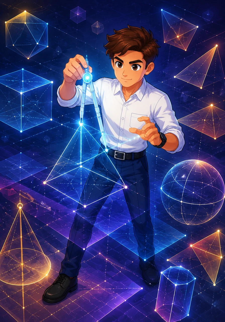 The world twists into a breathtaking three-dimensional arena of shapes, lines, and vectors where planimetry meets stereometry. Alikhan uses a glowing compass to calculate distances, volumes, and angles in mid-air, building his spatial awareness and constructing unshakeable geometric proofs.