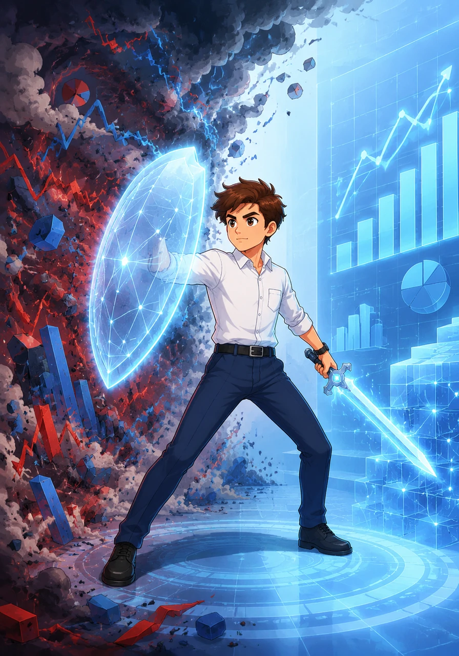 Standing before a massive, chaotic storm of raw data and financial charts, Alikhan applies his core mathematical competencies to bring order to the chaos. With logical thinking as his shield and digital tools as his sword, he translates a complex economic crisis into a perfectly balanced, solvable model.