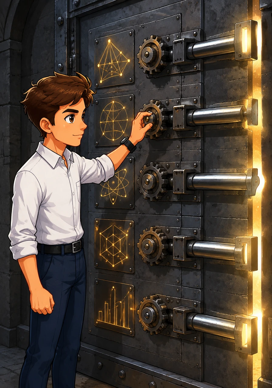 Alikhan faces a series of intricate locks on a massive steel door, each representing a complex subject-level equation and geometric puzzle. Using his newly refined skills, he systematically solves each problem, watching the heavy deadbolts slide open as abstract concepts turn into practical victories.