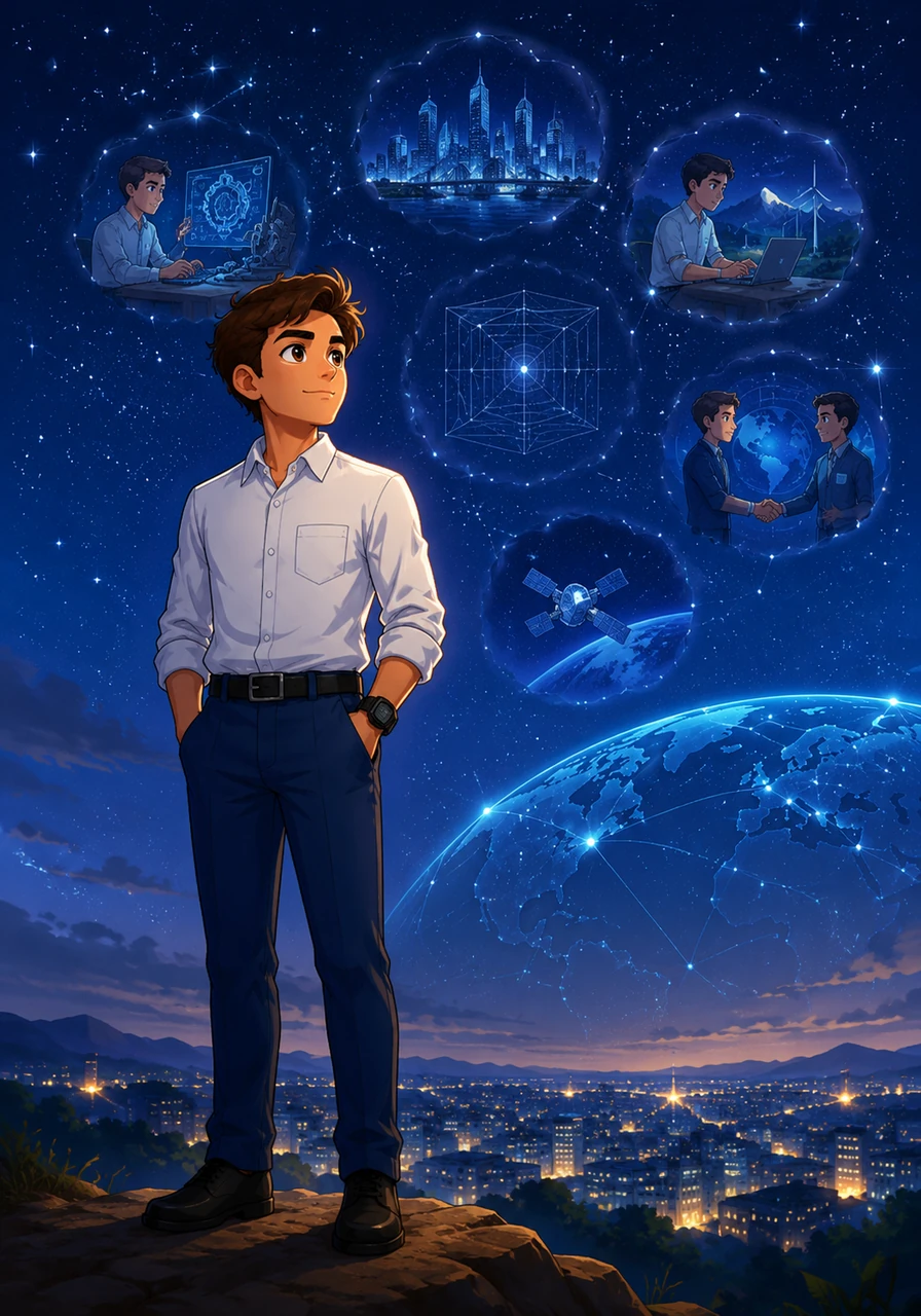 Alikhan stands tall under a clear starry sky, reflecting on his journey and realizing how much his personal independence and responsibility have grown. He understands that math is not just a school requirement, but a profound lifelong tool for his future profession and global citizenship.