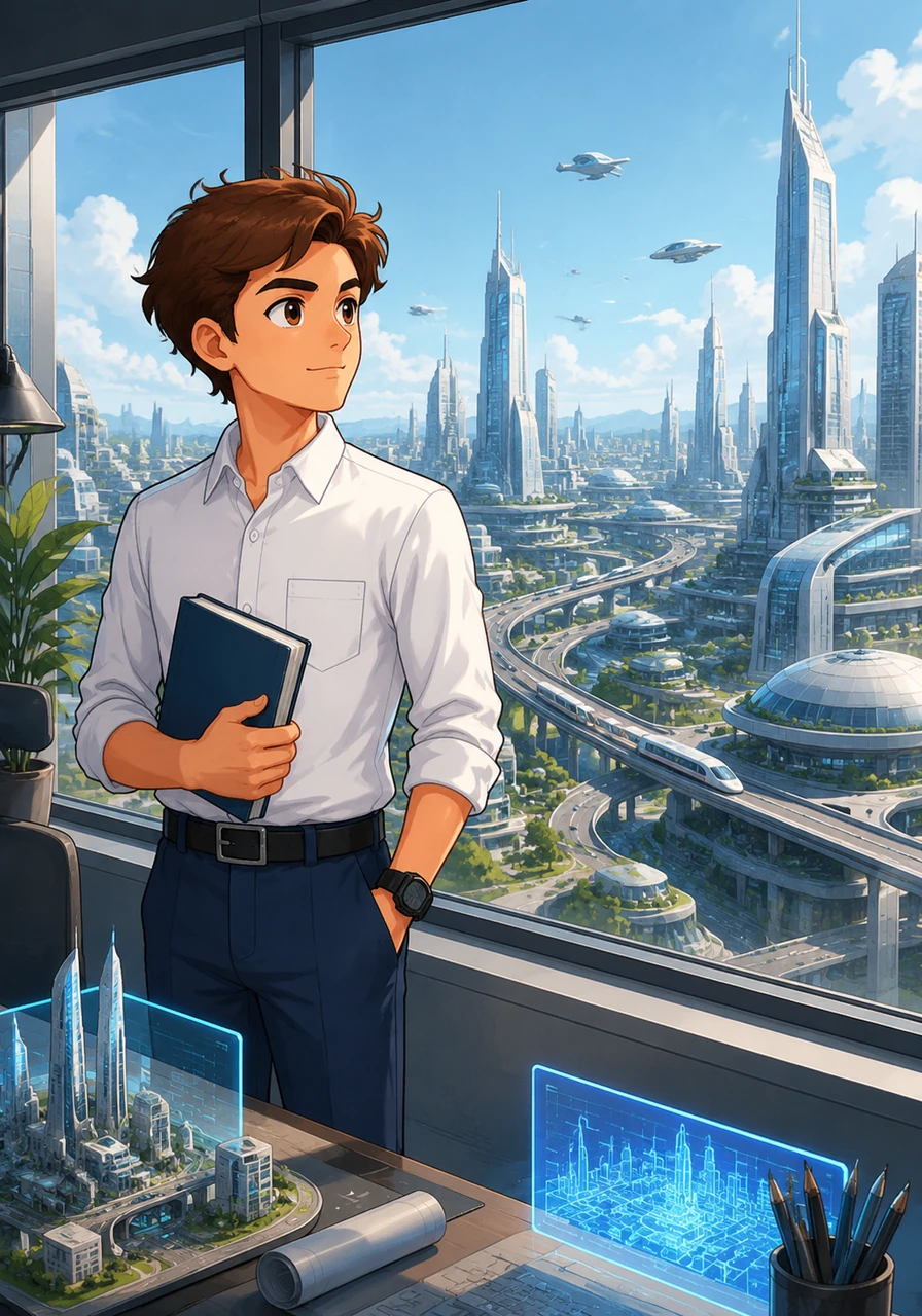 Alikhan stands confidently at a modern workstation, looking out a large window toward a futuristic cityscape he helped design. He closes his book with a smile, knowing he no longer just memorizes formulas, but possesses the power to model reality, analyze dependencies, and justify the choices of tomorrow.
