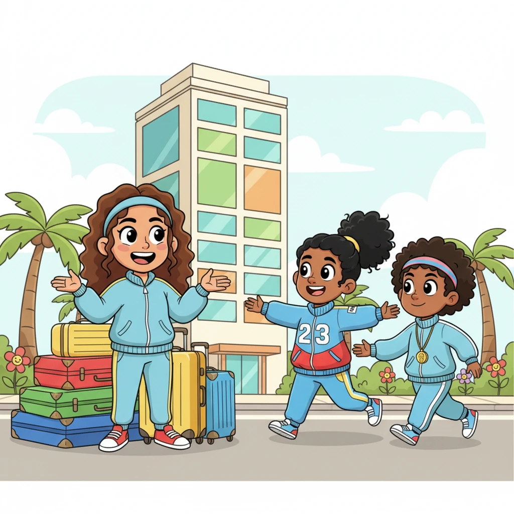 Nadia, a spirited young woman, stands before a tall building in vibrant Gangnam, Seoul, overwhelmed by four enormous, brightly colored suitcases. Her new roommates, Valdy and Naya, a whirlwind of energy and gentle warmth, rush to welcome her to their cozy apartment, ready for new adventures.