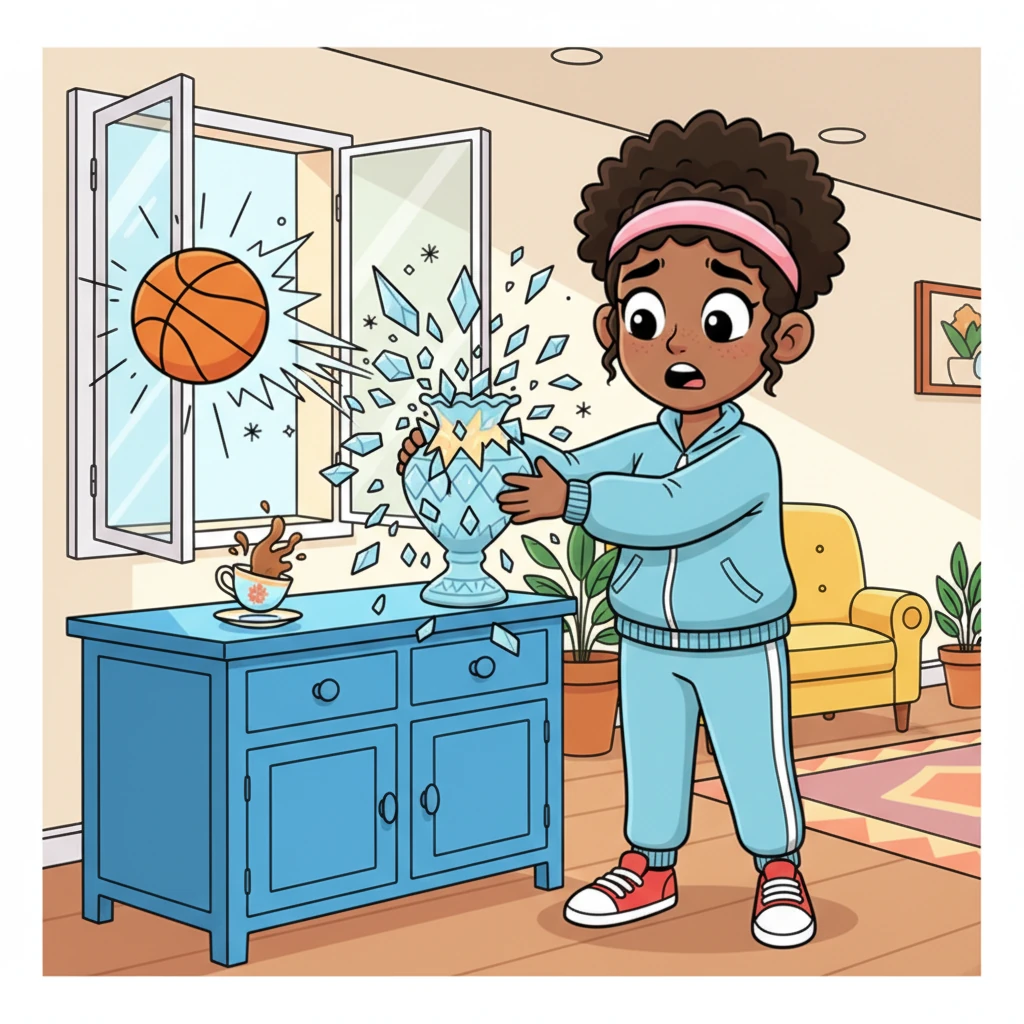 Inside their cheerful apartment, Nadia carefully places a gleaming, ornate crystal vase on a bright blue buffet, a cherished family treasure. Suddenly, a huge basketball, flying through the open window, smashes the vase into a million sparkling pieces, splashing into Nadia's teacup with a loud BOOM!