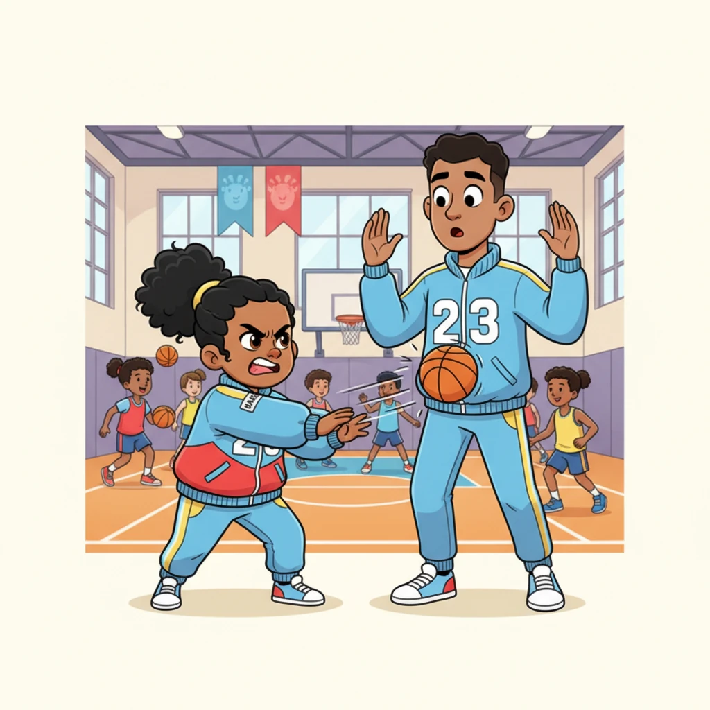 Fuming, Nadia storms into the bustling gymnasium downstairs, clutching the rogue basketball like a weapon. She confronts Tae-oh, a tall, confident young man with dark hair, the famous Number 23, throwing the ball right at his surprised stomach.