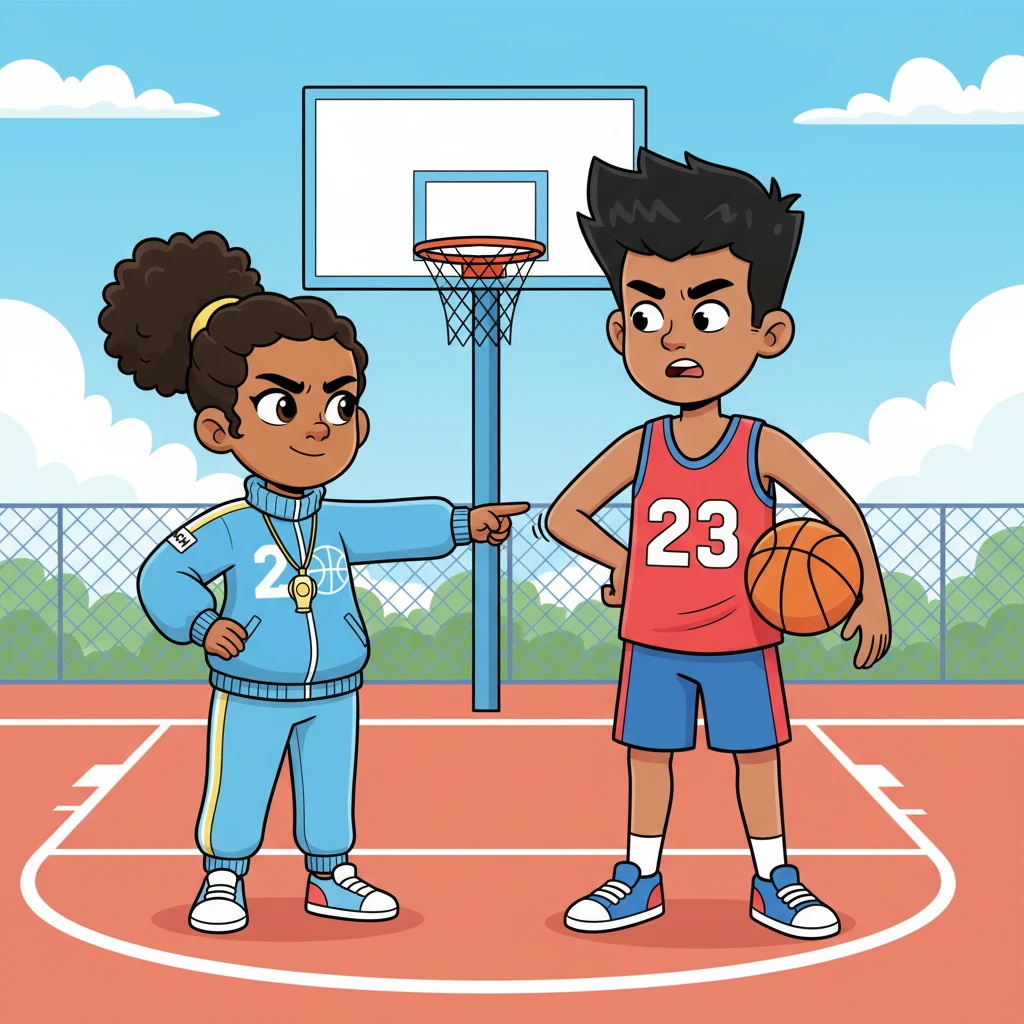 Nadia, with a fiery glare, boldly tells Tae-oh his basketball technique is all wrong, pointing out his open elbow and weak shoulder. Tae-oh, initially scoffing at "the little one," is visibly irked by her precise criticism, his pride wounded by the unexpected insights.