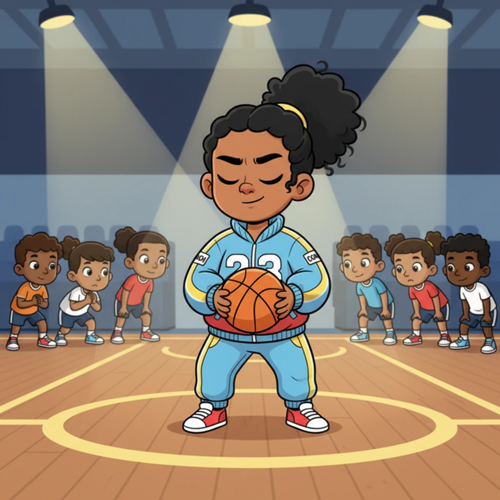 Taking her spot behind the three-point line, Nadia closes her eyes, recalling her uncle's coaching tips. The bright gym lights illuminate her focused face as she prepares to shoot, the air thick with anticipation from the watching players.