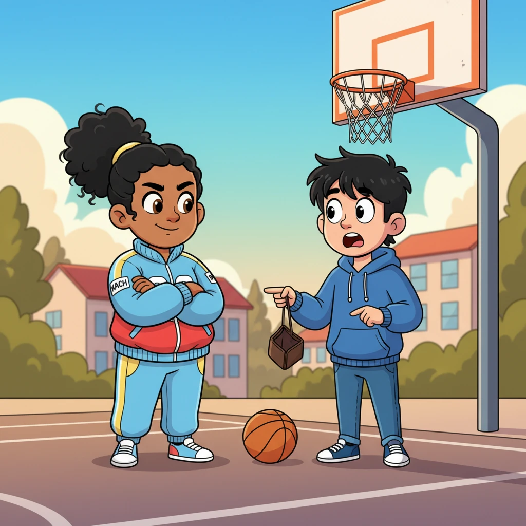 Nadia stands victorious, arms crossed, a knowing smile playing on her lips. She playfully demands Tae-oh's apology and wallet, while he stares, utterly dumbfounded, first at the net, then at the girl who just out-shot him.