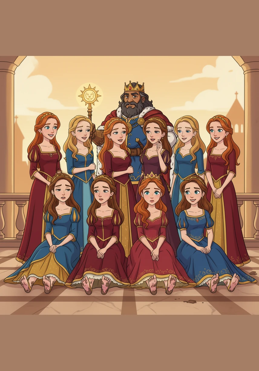 The twelve princesses gather in the golden light of the palace balcony, wearing their elegant gowns of red, blue, and gold. While they smile for their father, they struggle to stay awake, their silk slippers already frayed at the edges. Their feet are visible as they rest on the marble floor, showing the wear and tear of a secret journey.