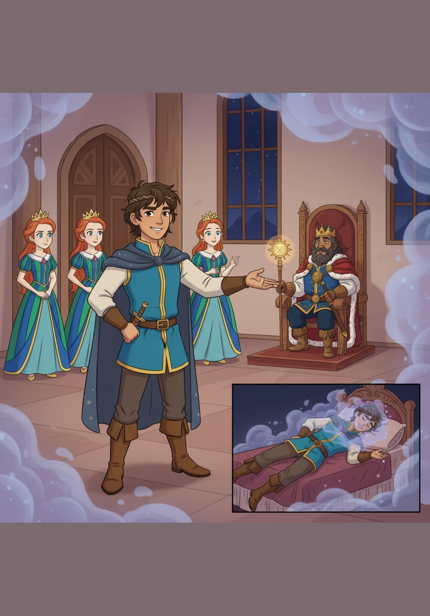 The proud Prince Farman arrives at the palace, boasting that he will be the one to uncover the secret of the worn-out shoes. However, as night falls, a magical mist fills the room, and he falls into a deep, enchanted slumber before the mystery even begins.