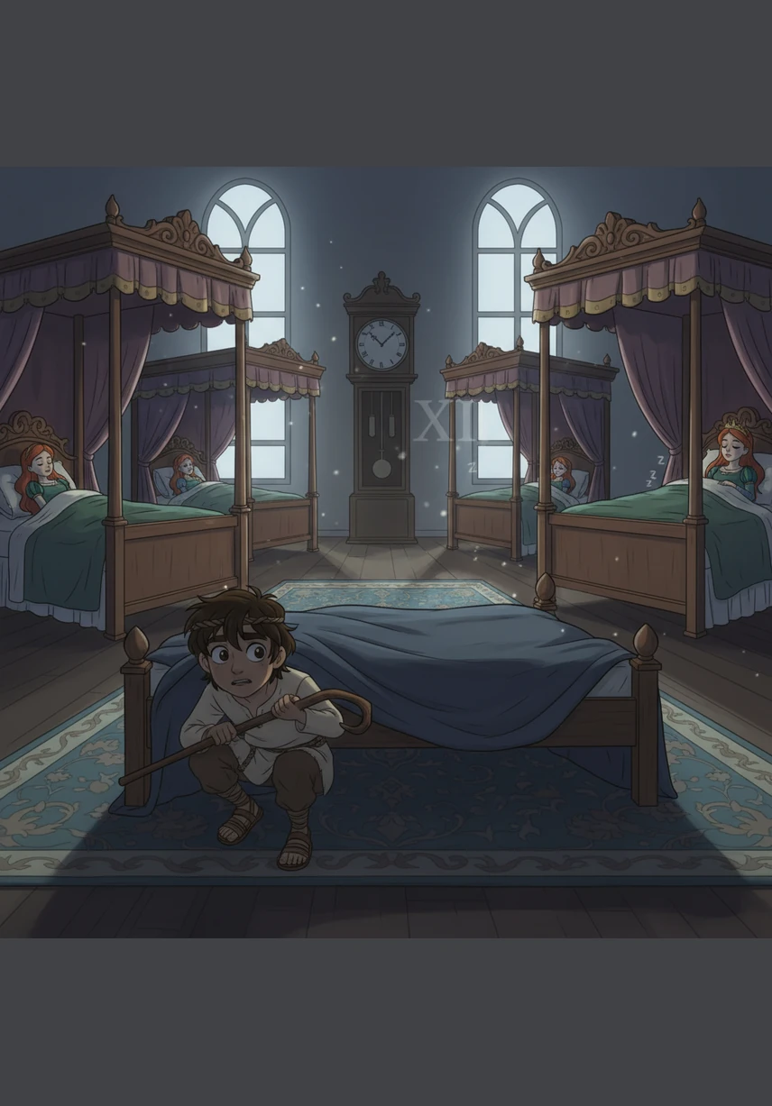 Theo, a humble shepherd with a clever mind and a kind heart, hides quietly beneath a bed to keep watch. He stays perfectly still as the clock strikes midnight, his eyes wide with anticipation while the rest of the palace falls into a magical sleep.