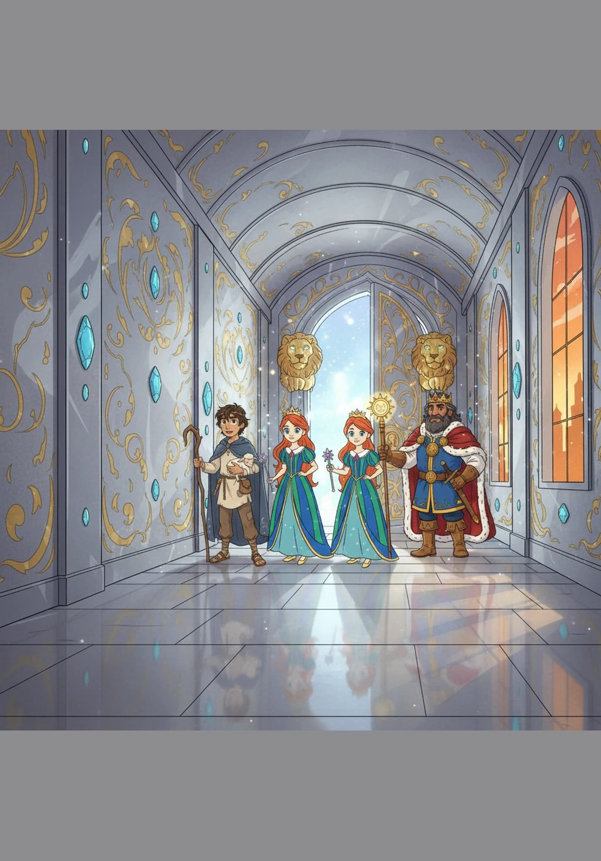 Theo follows them through a shimmering silver hallway that leads into a magical forest where the trees are made of pure silver. Fireflies float through the air like glowing words, lighting the path toward a secret world hidden from the rest of the kingdom.