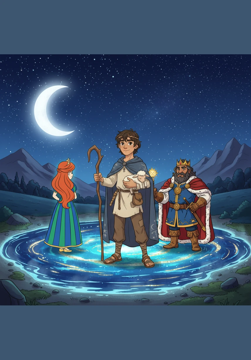 At the edge of a glowing lake, twelve golden boats wait to carry the princesses across the water. Theo quietly hitches a ride on the last boat, feeling the magical energy hum beneath the surface of the crystal-clear lake under the dark blue night sky.