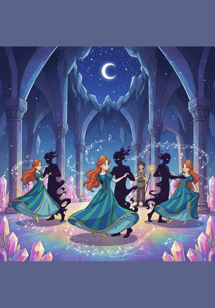 In a grand crystal hall that sparkles like diamonds, the princesses begin to dance with mysterious shadow princes under a canopy of stars. The music is hauntingly beautiful, and the princesses spin in their vibrant gowns, trapped in a rhythm they cannot break.