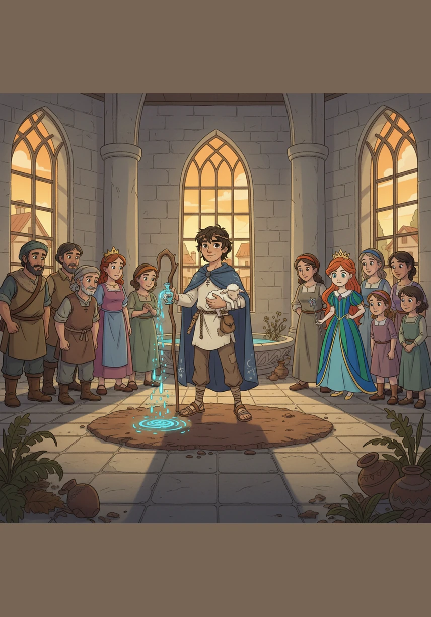 Theo uses the magical river water he collected to reveal the truth behind the enchantment. As he sprinkles the water, the shadow princes turn into harmless smoke, and the heavy spell finally lifts, leaving the princesses gasping in surprise and relief.