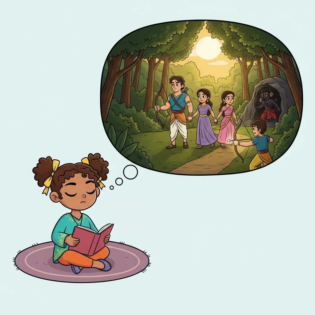 Her grandmother began the story of Prince Rama. Maya imagined Rama, his wife Sita, and his brother Lakshmana walking through a lush forest, their faces determined. She learned of the evil Ravana and how Rama, with courage and determination, rescued Sita, bringing light back to their home.