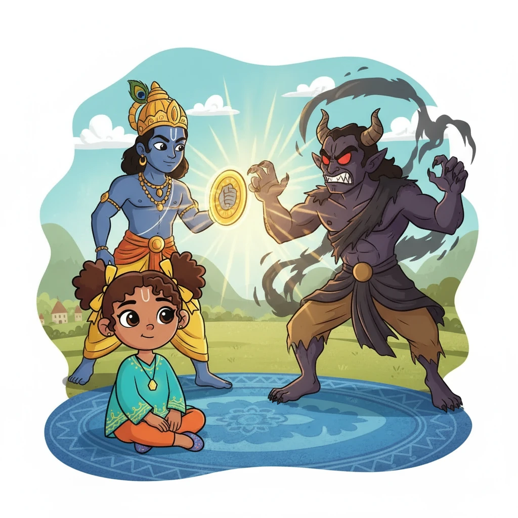 Next, Maya heard the tale of Lord Krishna. She pictured Krishna, strong and brave, facing a fearsome evil figure. The story taught her that courage and fairness always triumph over injustice, and that standing up for what is right is always worth it.