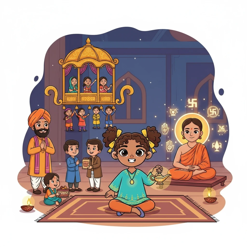 The stories continued, explaining how Diwali is celebrated across different faiths. Maya learned about Bandi Chhor Diwas in Sikhism, celebrating freedom and helping others. She also heard about Jainism and the importance of spiritual purity and truth.