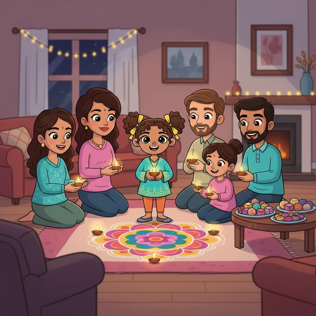 Finally, Maya helped her family prepare for the evening. Together, they lit diyas, created colorful rangoli, and shared delicious sweets. As they gathered, Maya realized that Diwali was more than just lights; it was about the values of bravery, honesty, kindness, and unity, shining brightly in everyone's hearts.