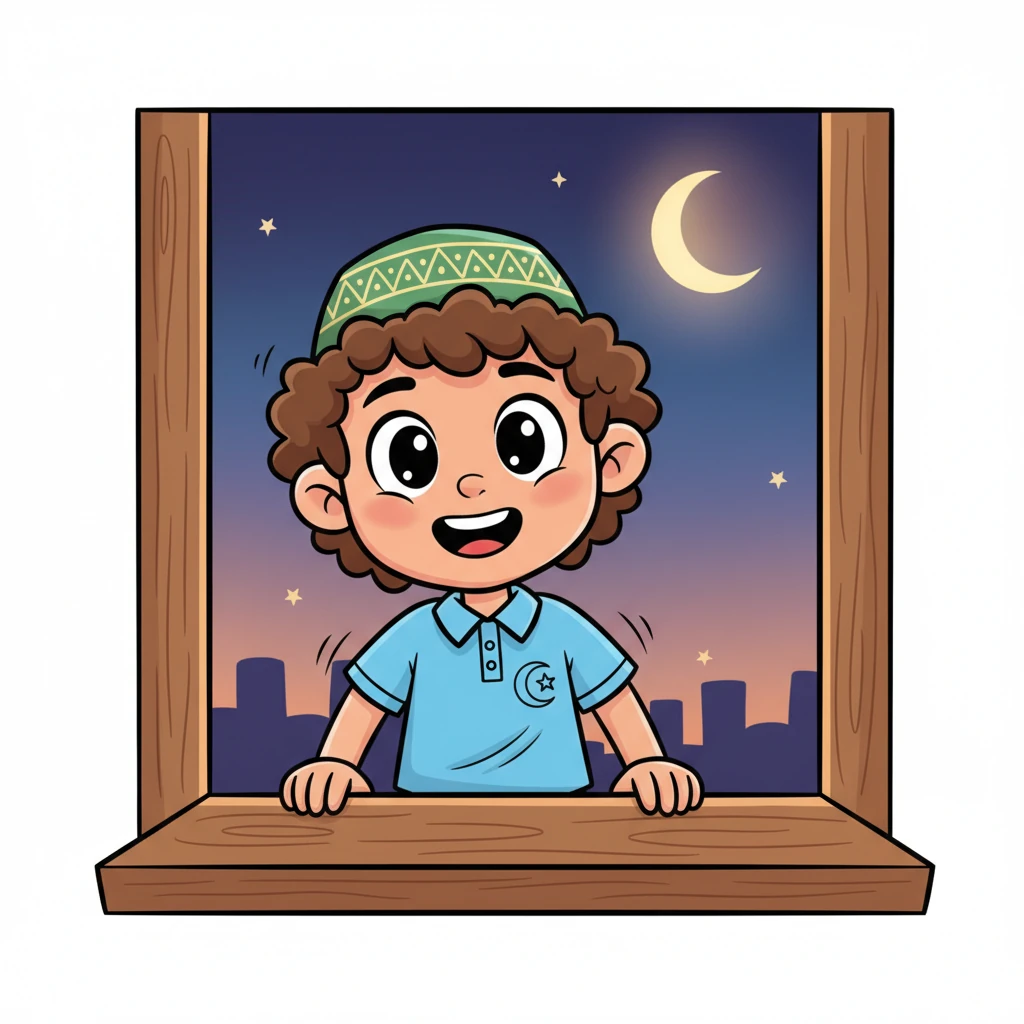 Omar peeks out his window, eyes wide with wonder. A sliver of the new moon glows softly in the evening sky, signaling the start of Ramadan. He bounces with excitement, ready for the special month ahead.