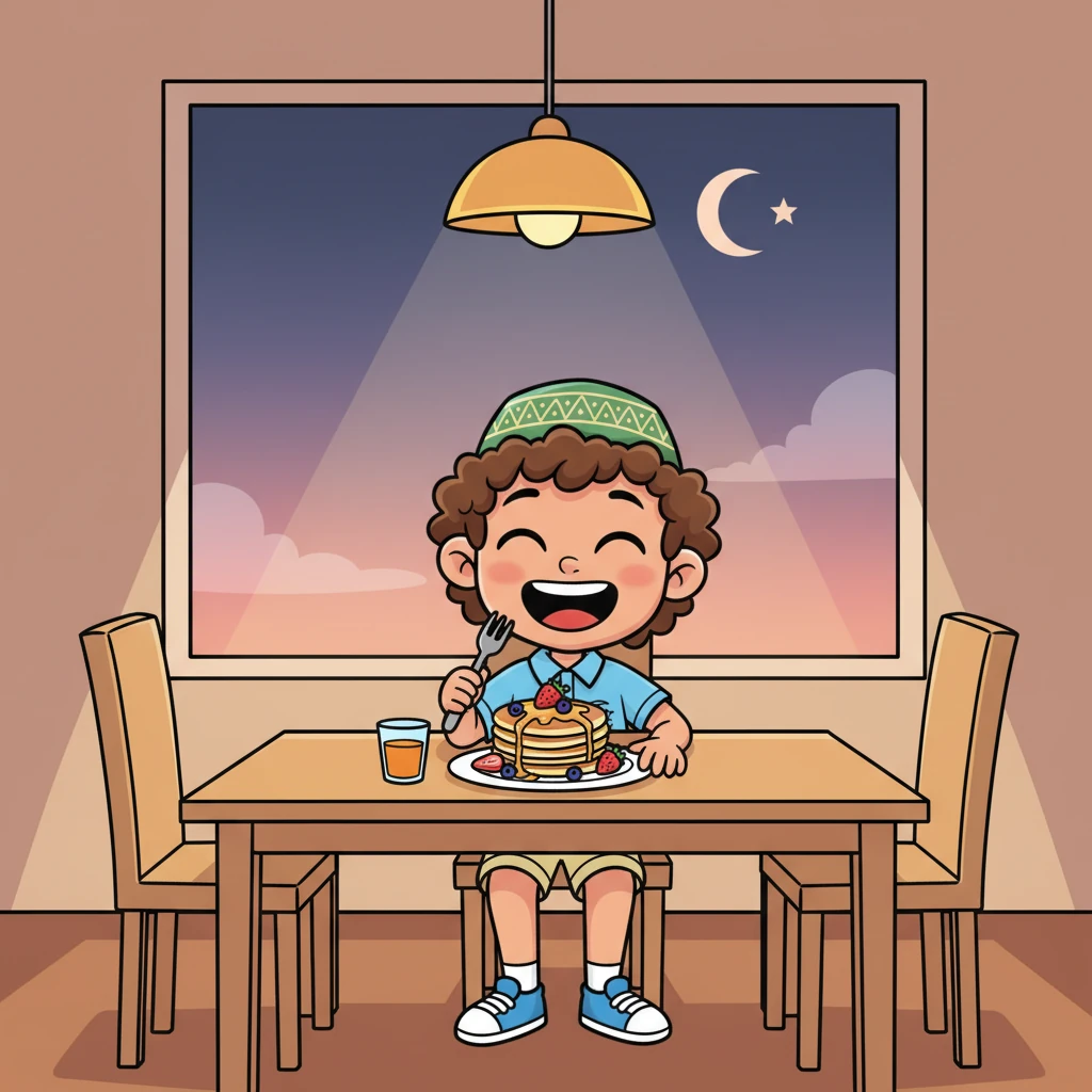 The sun isn't even up yet, but Omar is wide awake and giggling. He sits at the kitchen table with his family, enjoying a yummy Suhoor meal before the day's fast begins. Pancakes and fruit make his early morning extra sweet.