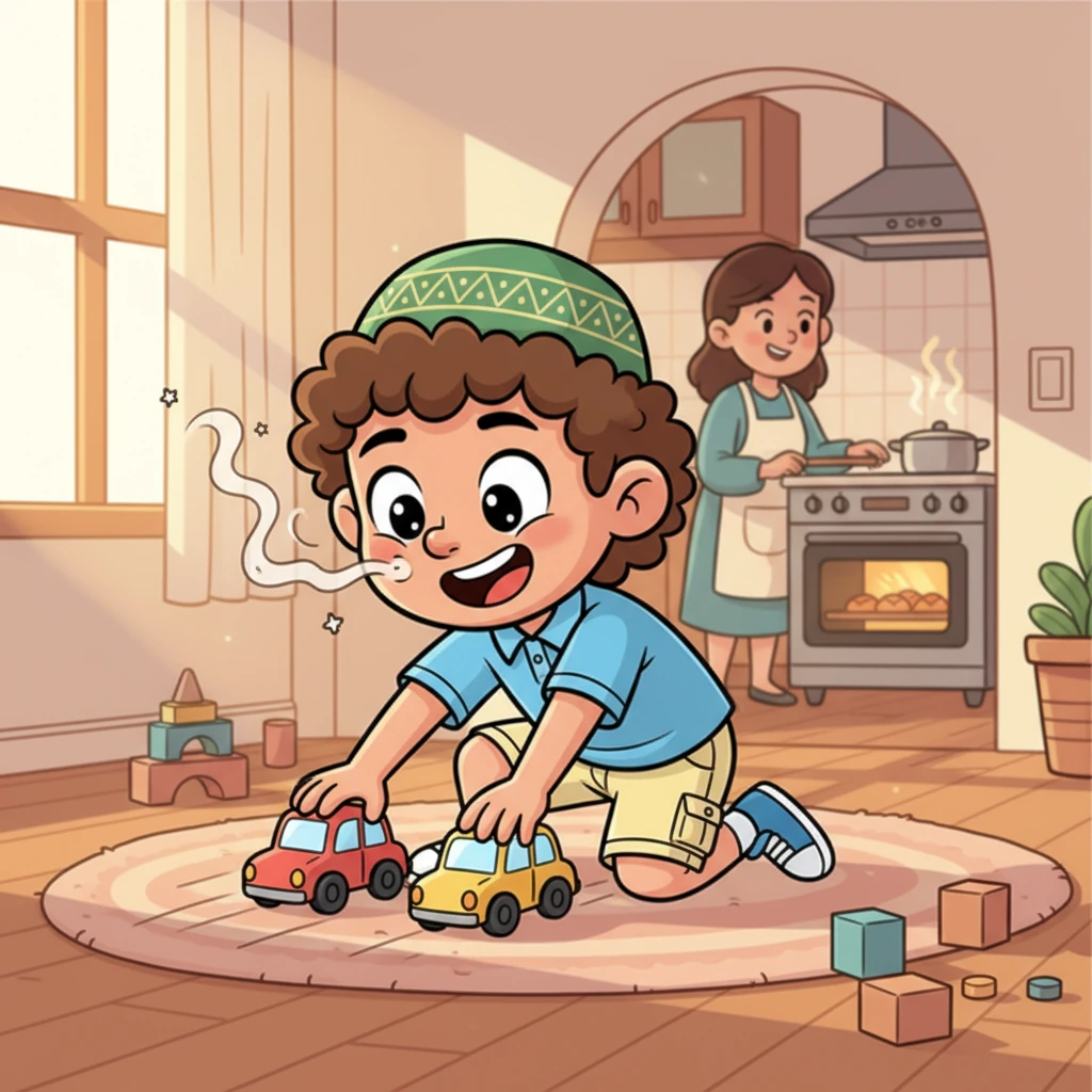 Later that day, Omar is playing with his toy cars. He sniffs the air – Mama is baking cookies! His tummy rumbles a little, but he remembers he’s fasting and giggles, deciding to play even harder to distract himself.