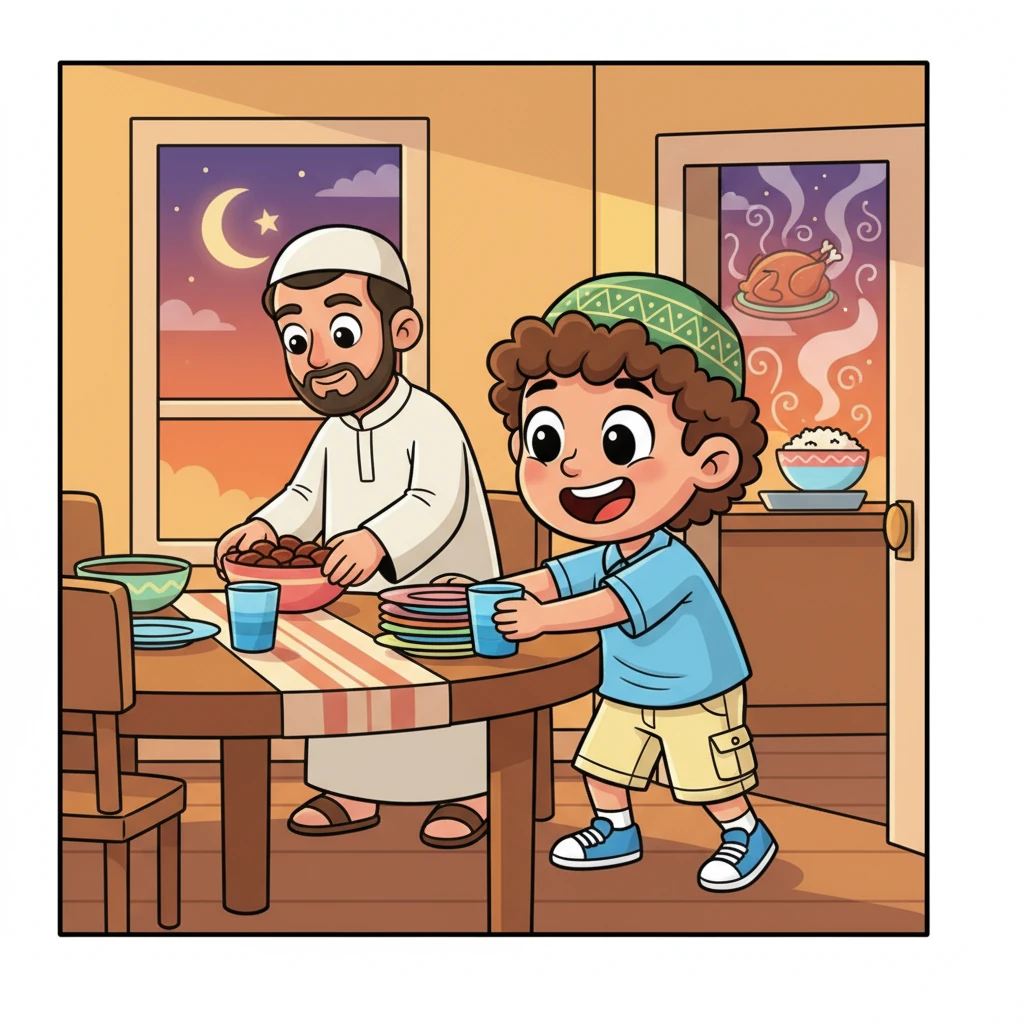 As the sun begins to set, Omar busily helps his Baba set the table. He carefully arranges plates and cups, eager for Iftar. The air is filled with the delicious smells of dinner cooking, making his anticipation grow.
