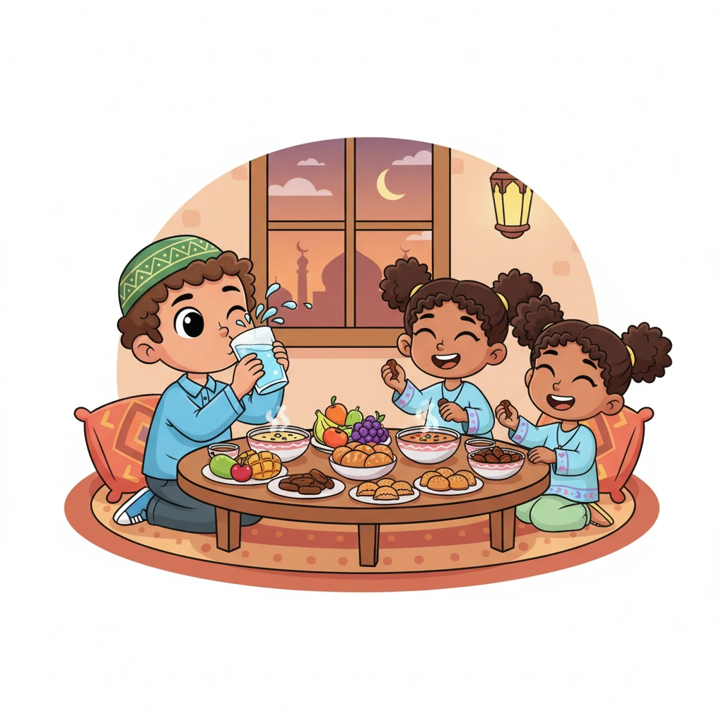 Ding-dong! The call to prayer sounds, and Omar's family happily breaks their fast. They share a feast of delicious food, laughing and talking, grateful to be together. Omar takes a big sip of water, feeling refreshed.