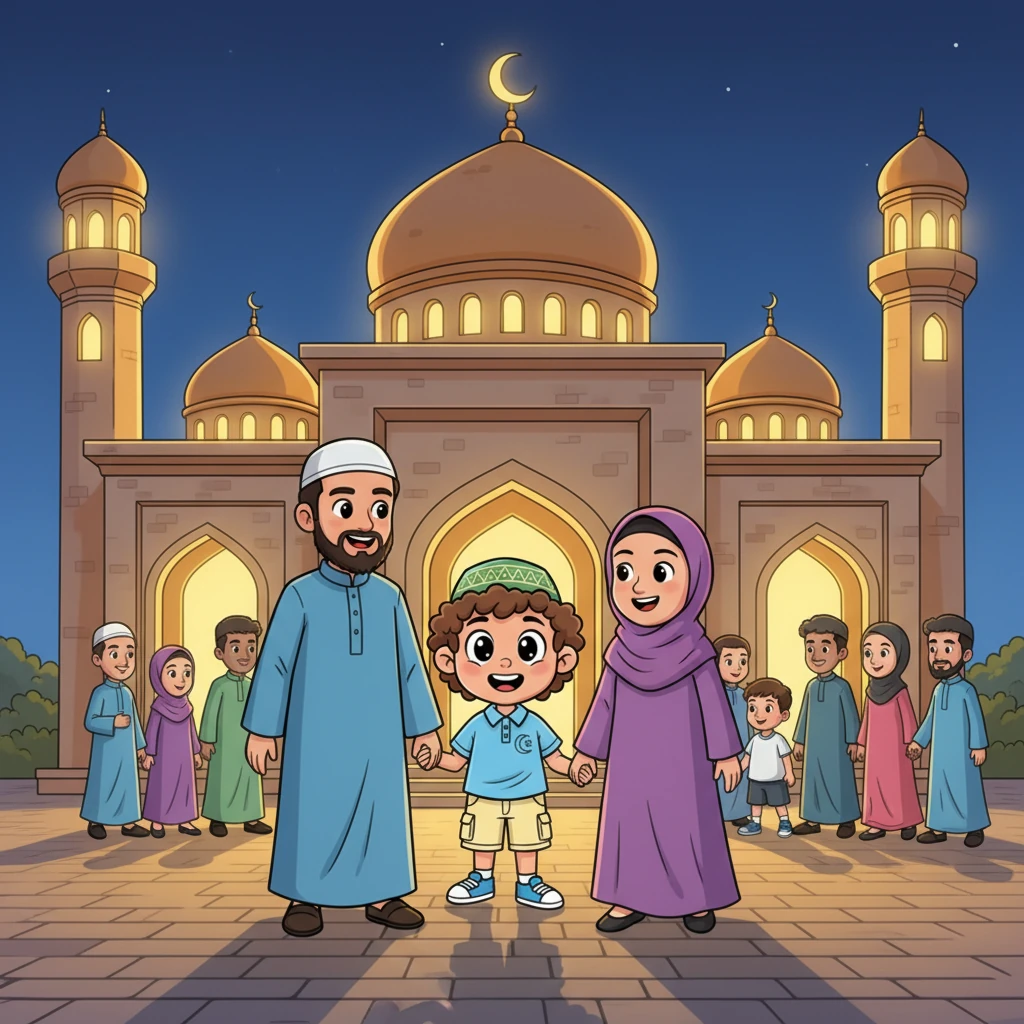 In the evening, Omar walks hand-in-hand with his parents to the mosque. The building glows with warm light, and he sees many friendly faces. Inside, they pray Taraweeh, feeling a wonderful sense of peace and community.