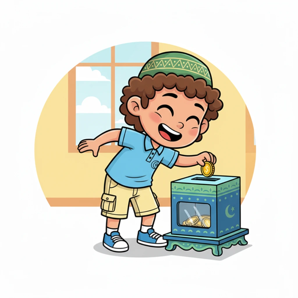 Omar proudly places coins into a charity box, a big smile on his face. He knows that sharing with those who are less fortunate is an important part of Ramadan. His heart feels warm and full of kindness.