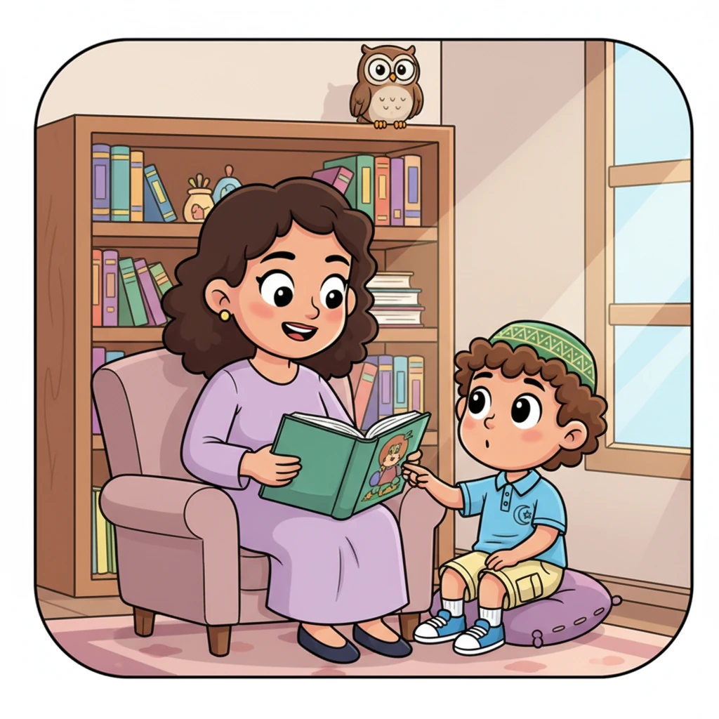 One quiet afternoon, Omar sits with his Mama, listening intently as she reads stories from the Quran. He learns about patience, generosity, and love, understanding the true spirit of Ramadan. A wise owl watches from a nearby bookshelf.