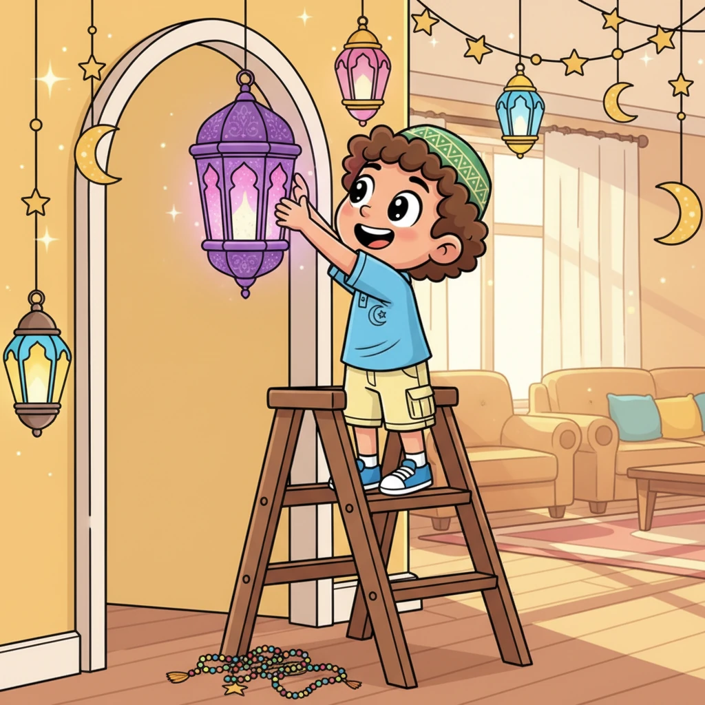 The last few days of Ramadan are filled with joyful preparations. Omar helps decorate the house with colorful lanterns and sparkly crescent moons, buzzing with excitement for the upcoming Eid celebration. He can barely wait!