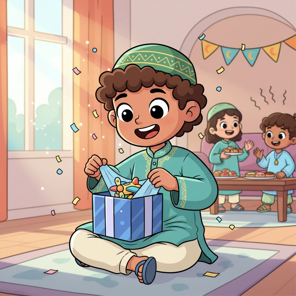 Eid Mubarak! Omar wakes up to a house filled with laughter and the smell of festive food. Dressed in his brand-new clothes, he opens a special gift, ready to celebrate with family and friends, his heart bursting with joy.