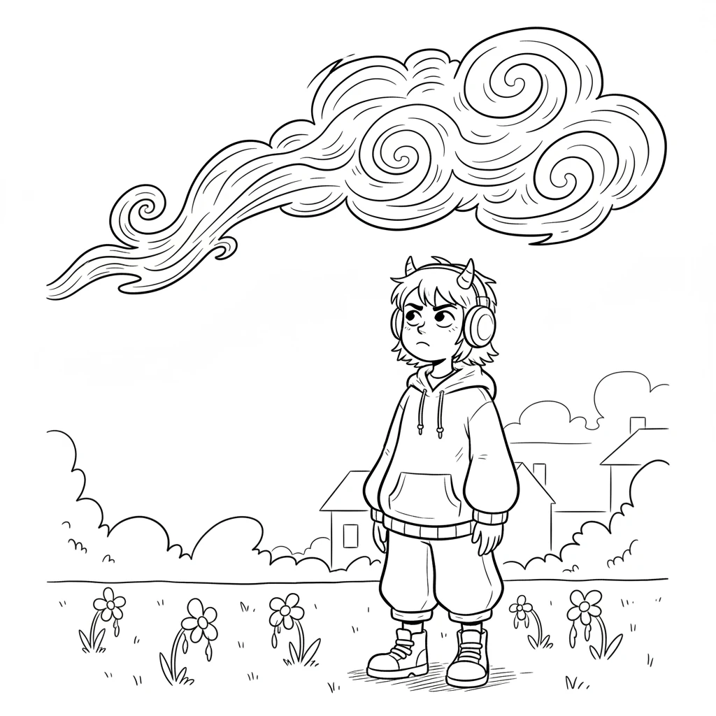 Suddenly, a shadowy swirl appears in the sky. It drifts slowly, making everything a little dull. Flowers droop and colors seem to fade. Starla looks up, her smile turning to a thoughtful frown.