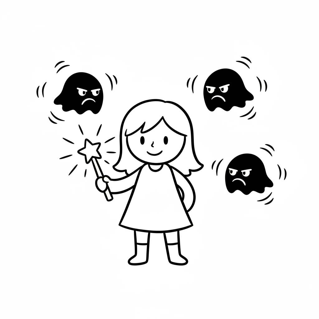 More shadowy gloomies appear, looking grumpy and dark. They float around, trying to make the world even dimmer. They don't like Starla's bright music. Starla stands tall, unfazed.