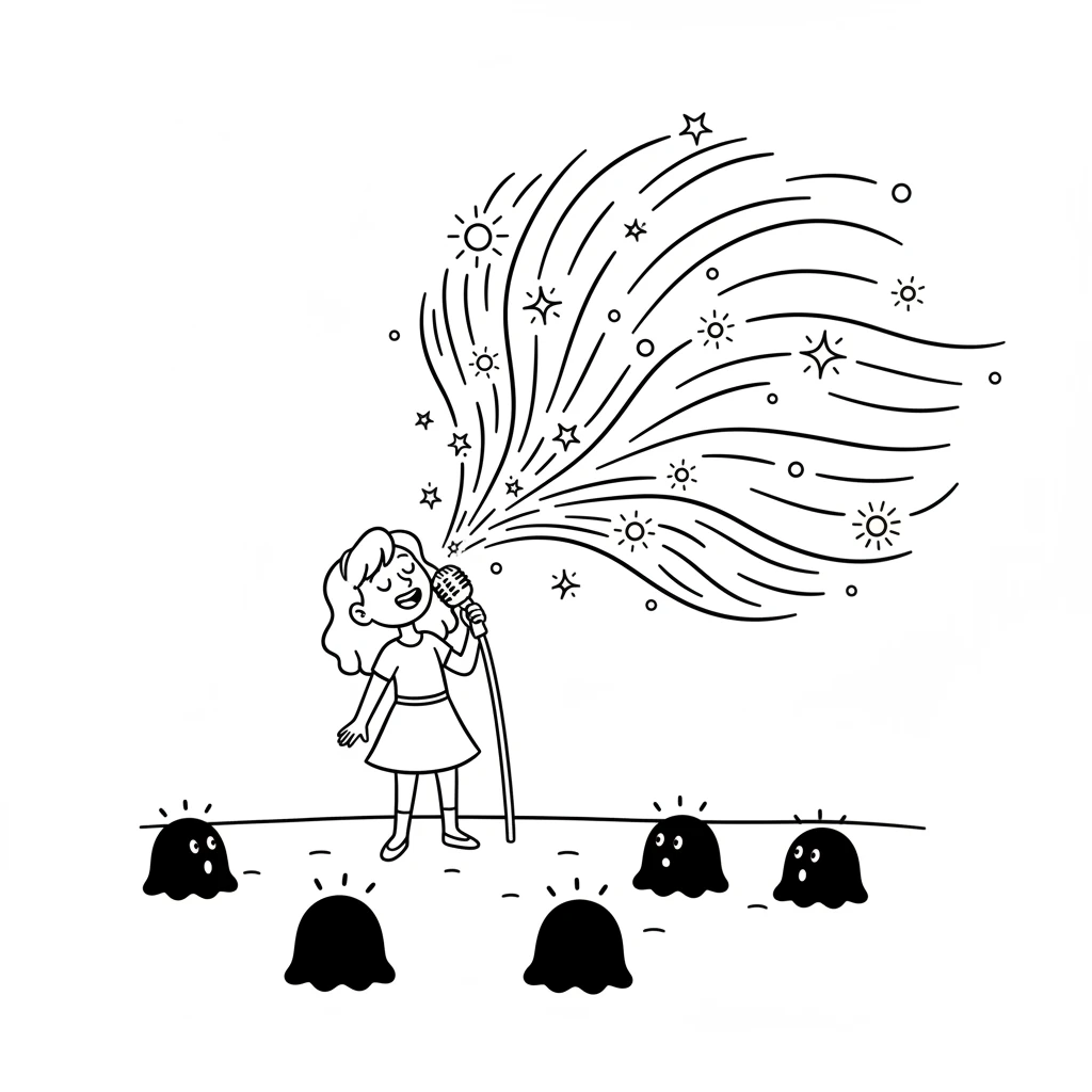 Starla lifts her microphone and sings a beautiful, catchy tune. A wave of shimmering sound spreads out. It's full of joy and light. The gloomies pause, surprised.