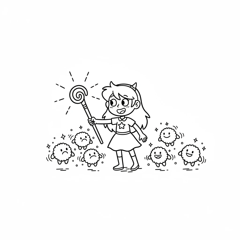 The light and music are too much for the gloomies! They start to shrink and sparkle with tiny lights. Their grumpy faces turn into little smiles. They are becoming friendly fizz-fuzzies.