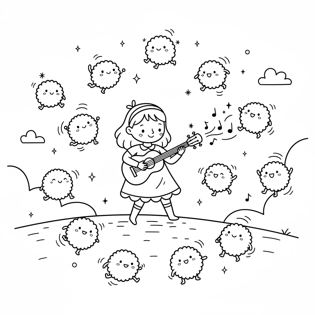Soon, all the fizz-fuzzies are small and happy. They float around Starla, dancing along to her music. They learned to love the light and rhythm. Everyone is having fun together.
