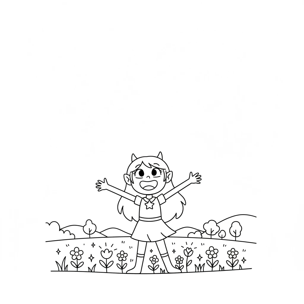 The shadowy gloom is completely gone. The sky is clear, and the flowers are bright again. All the colors of the world shine vibrantly. Starla smiles, her mission complete.