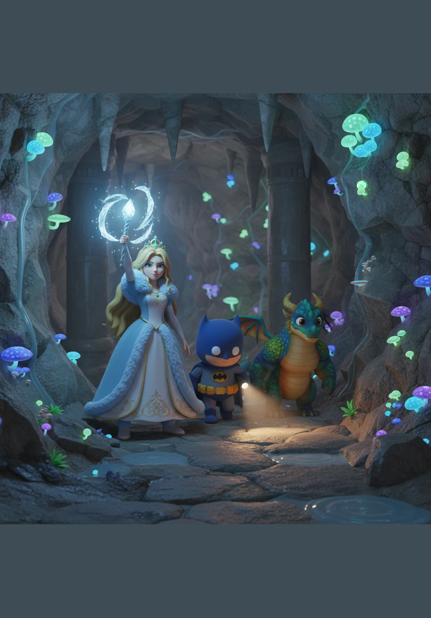 Princess Seraphina and Batman ventured deep into the heart of the Whispering Caverns, guided by the soft glow of bioluminescent mushrooms. The air was cool and damp, and the sound of dripping water echoed through the vast stone chambers.