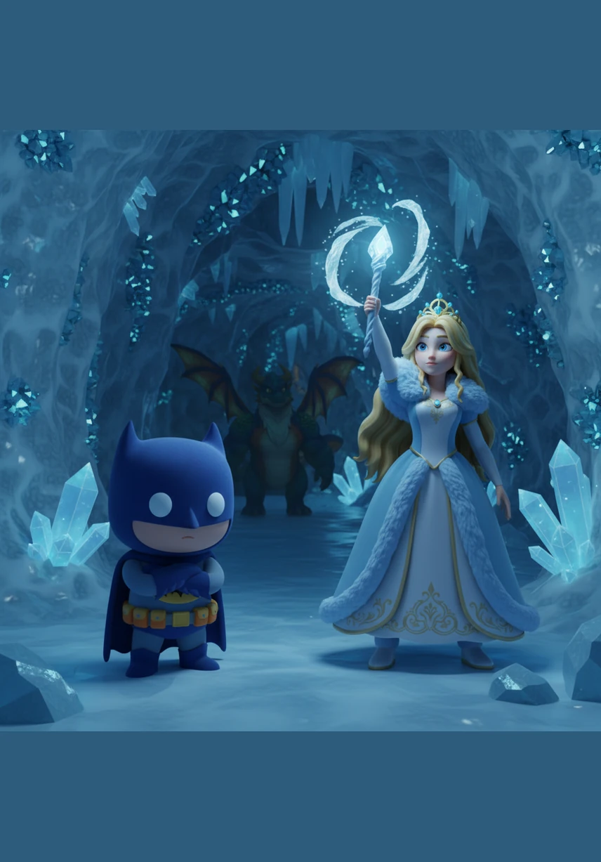 Batman scanned the shadows for any signs of danger while Seraphina admired the glittering crystals embedded in the walls. Her magical ice wand pulsed with a gentle blue light, sensing a shift in the cave's ancient energy.