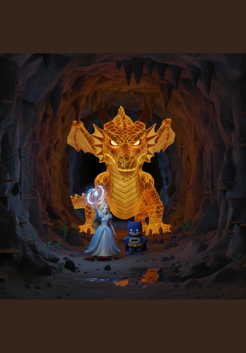 From the deepest darkness of the tunnel, a massive dragon emerged, its scales shimmering like molten gold. Its eyes burned like embers as it fixed its gaze on the two intruders in its hidden sanctuary.