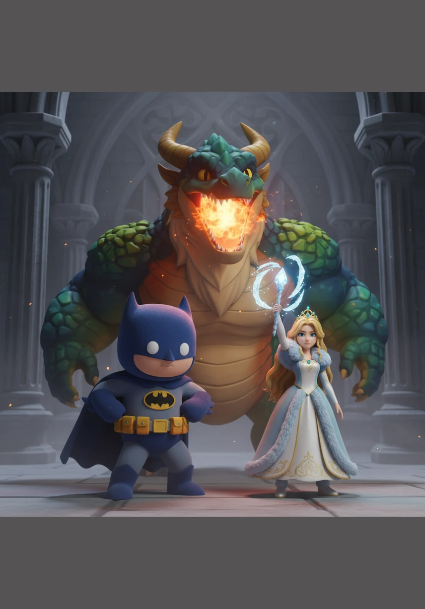 The dragon opened its mighty jaws, and a flickering orange light began to build deep within its throat. Batman stood his ground, reaching for his utility belt to protect the princess from the impending danger.