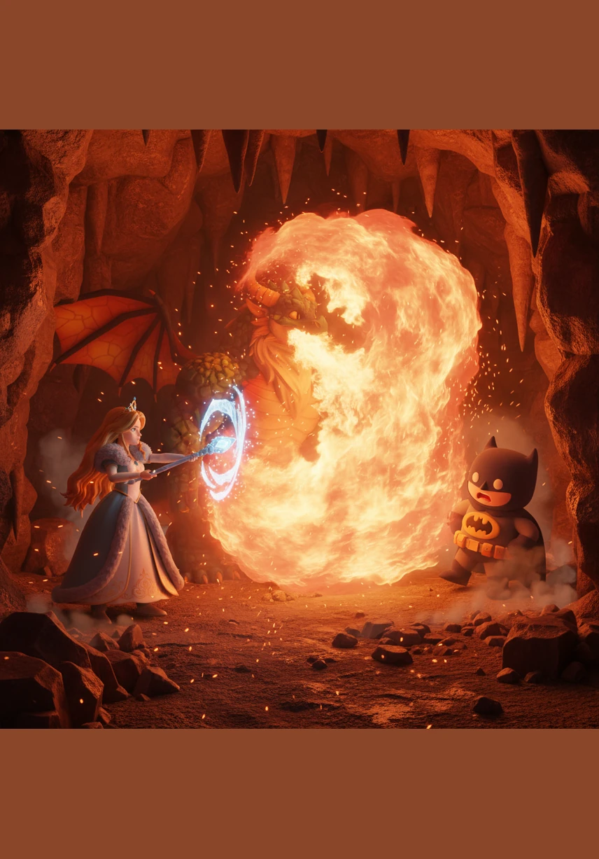 A torrent of roaring flames erupted from the dragon's mouth, illuminating the entire cave in a blinding flash of red and gold. The heat was intense, threatening to scorch everything in its path.