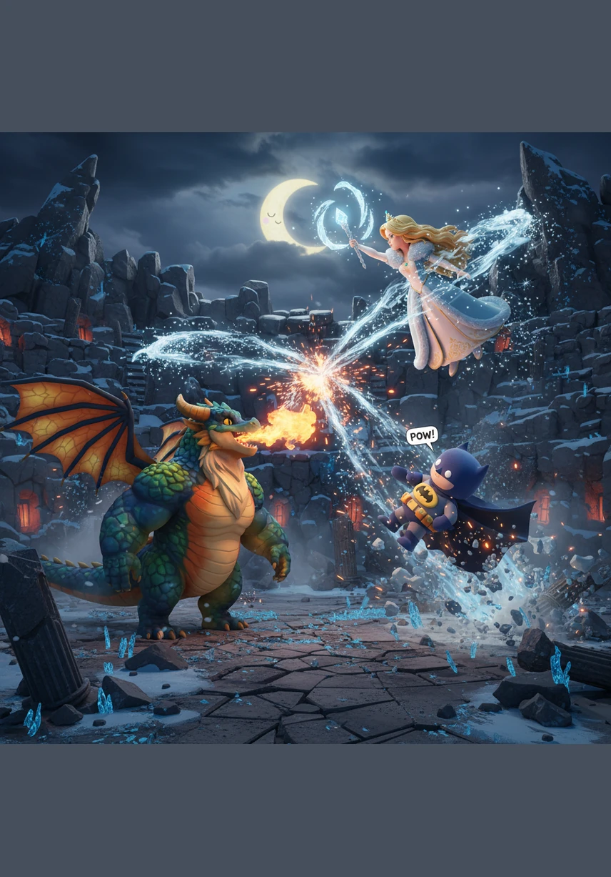 A powerful beam of pure ice shot from the wand, colliding with the dragon's fire in a spectacular explosion of steam and mist. The cavern hissed as the two elements fought for dominance in the center of the room.