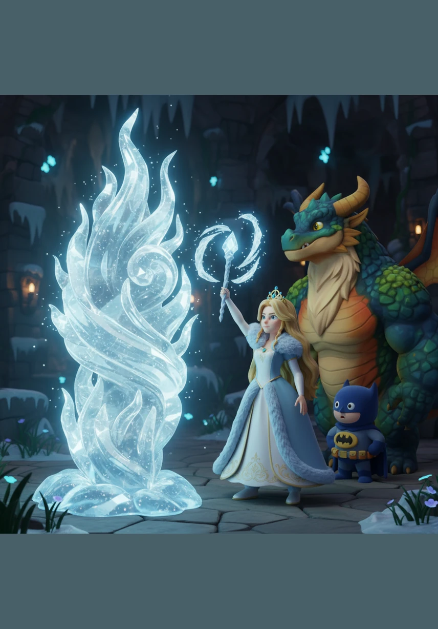 The magical ice proved stronger, quickly freezing the flames into a beautiful, crystalline sculpture that glittered in the dim light. The dragon stopped its attack, looking at the princess with newfound respect and curiosity.