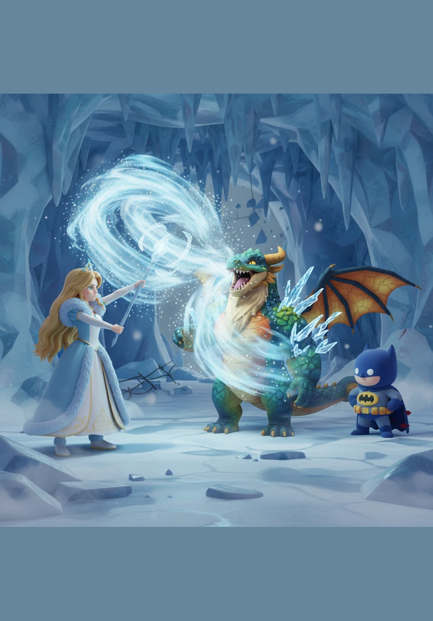 With the fire extinguished, a peaceful silence returned to the cave, now decorated with frost and ice. Batman and Seraphina shared a look of triumph, knowing their unique bond had saved them from the dragon's fury.